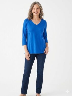 J Jill blue v neck top pima cotton 3/4 sleeves Large